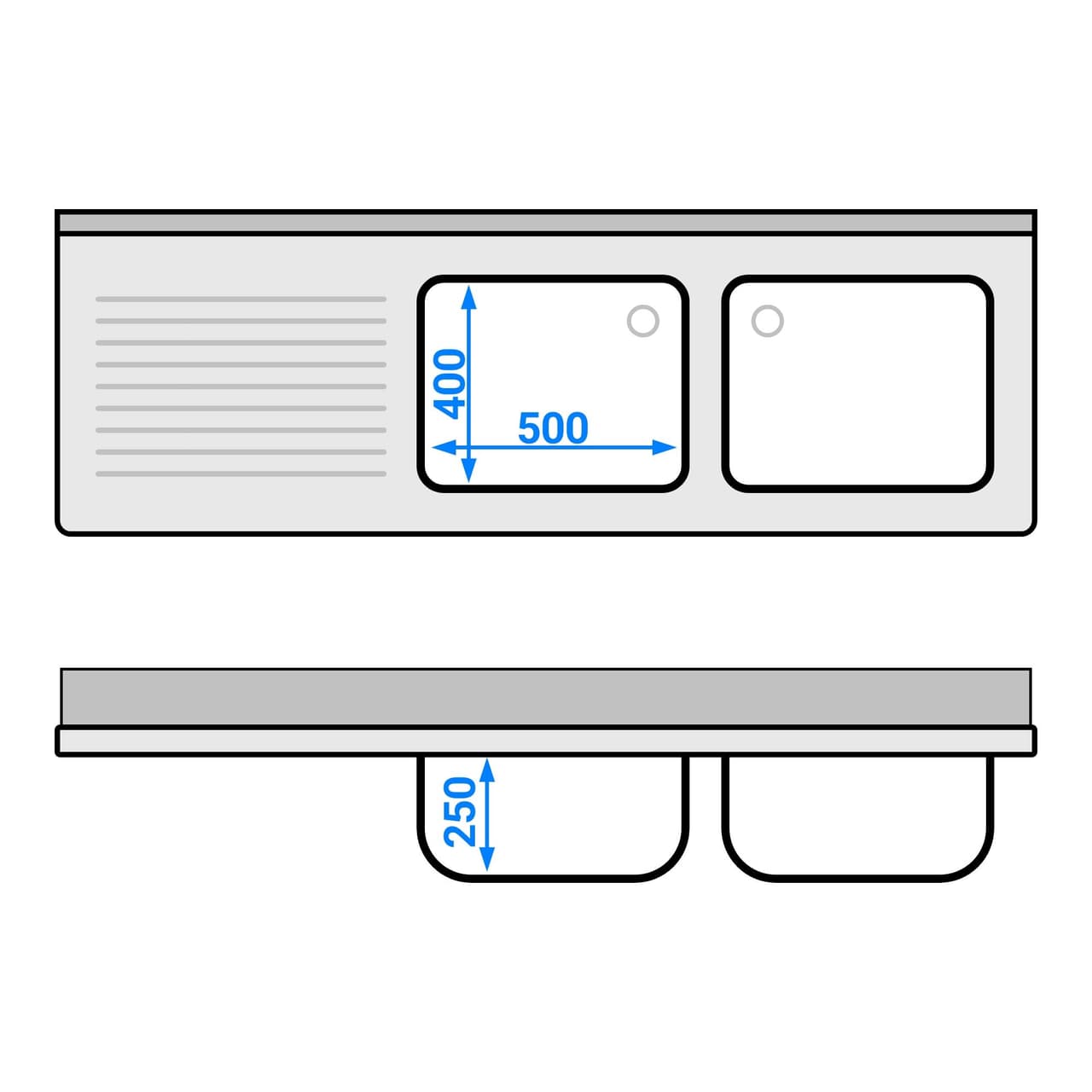 Spültisch PREMIUM - 1800x600mm - mit Grundboden & 2 Becken rechts