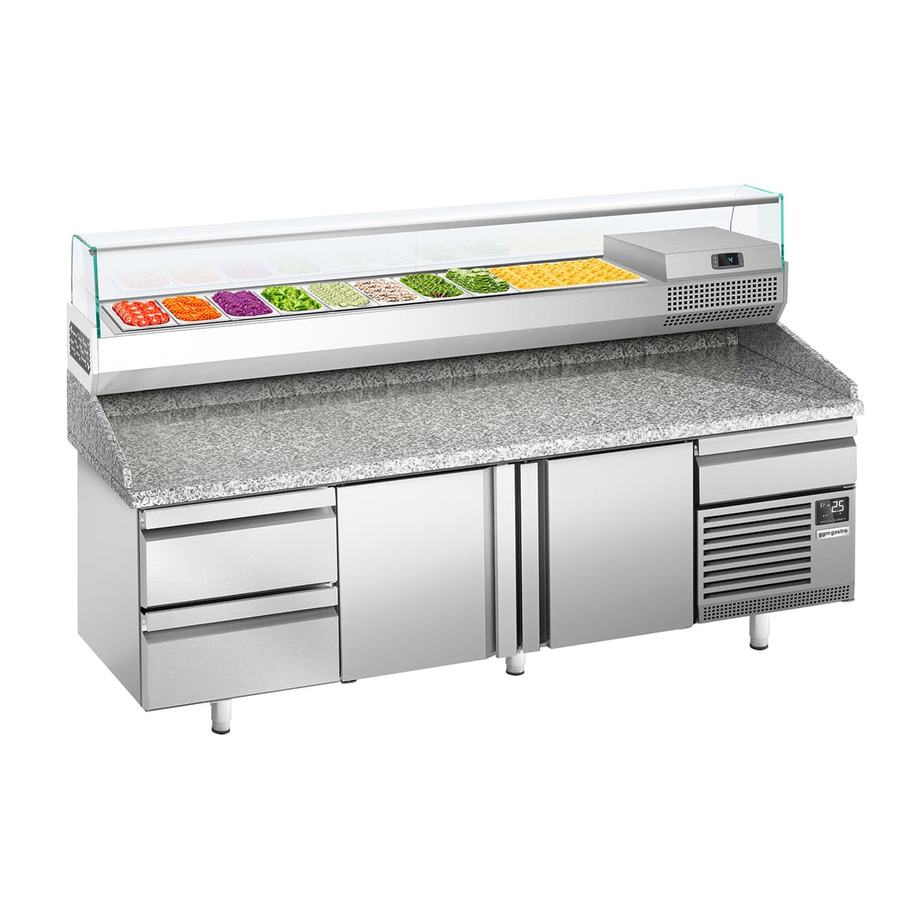 Pizzakühltisch Premium PLUS - 2305x800mm - mit 2 Türen & 2 Schubladen - inkl. Kühlaufsatzvitrine - 10x GN 1/3