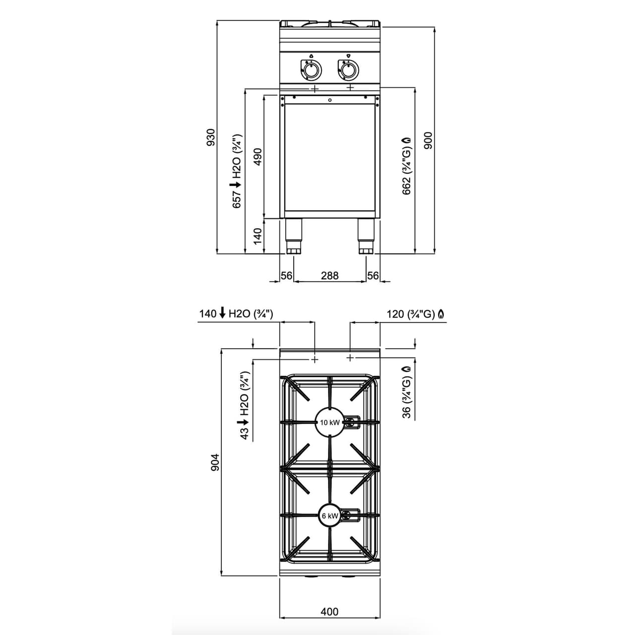 Gasherd - mit 2 Brennern - 16 kW