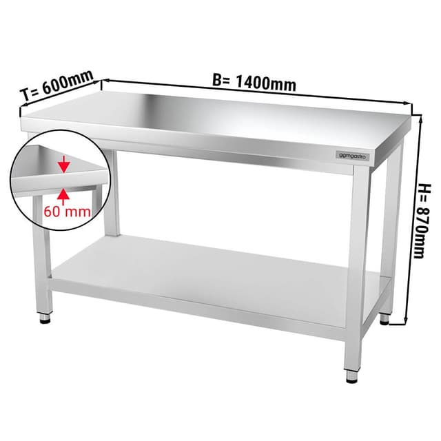 Edelstahl Arbeitstisch PREMIUM - 1400x600mm - mit Grundboden ohne Aufkantung