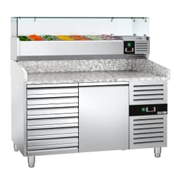 Pizzakühltisch ECO - 1500x800mm - mit 1 Tür & 7 Schubladen - inkl. Kühlaufsatzvitrine - 7x GN 1/4