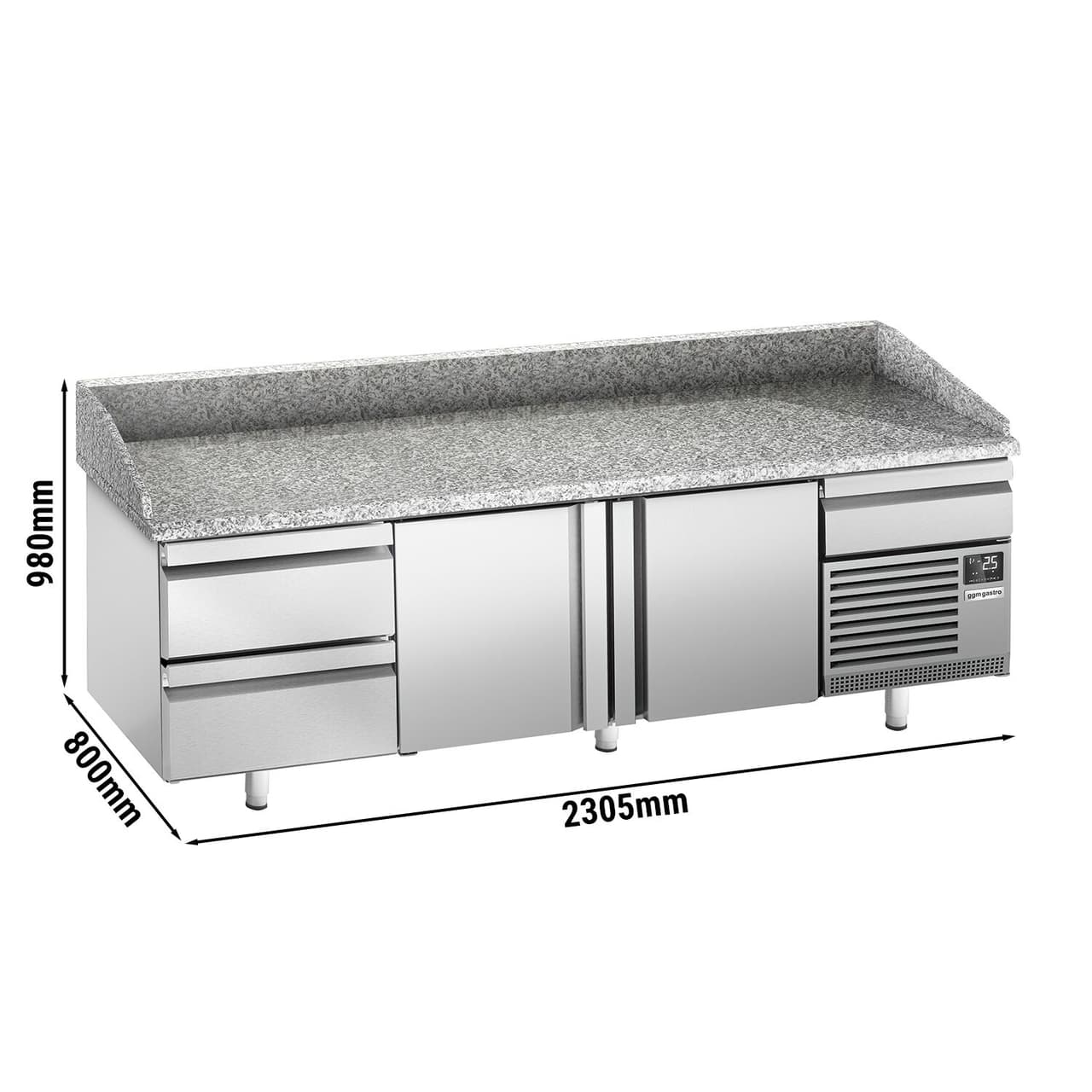 Pizzakühltisch Premium PLUS - 2305x800mm - mit 2 Türen & 2 Schubladen