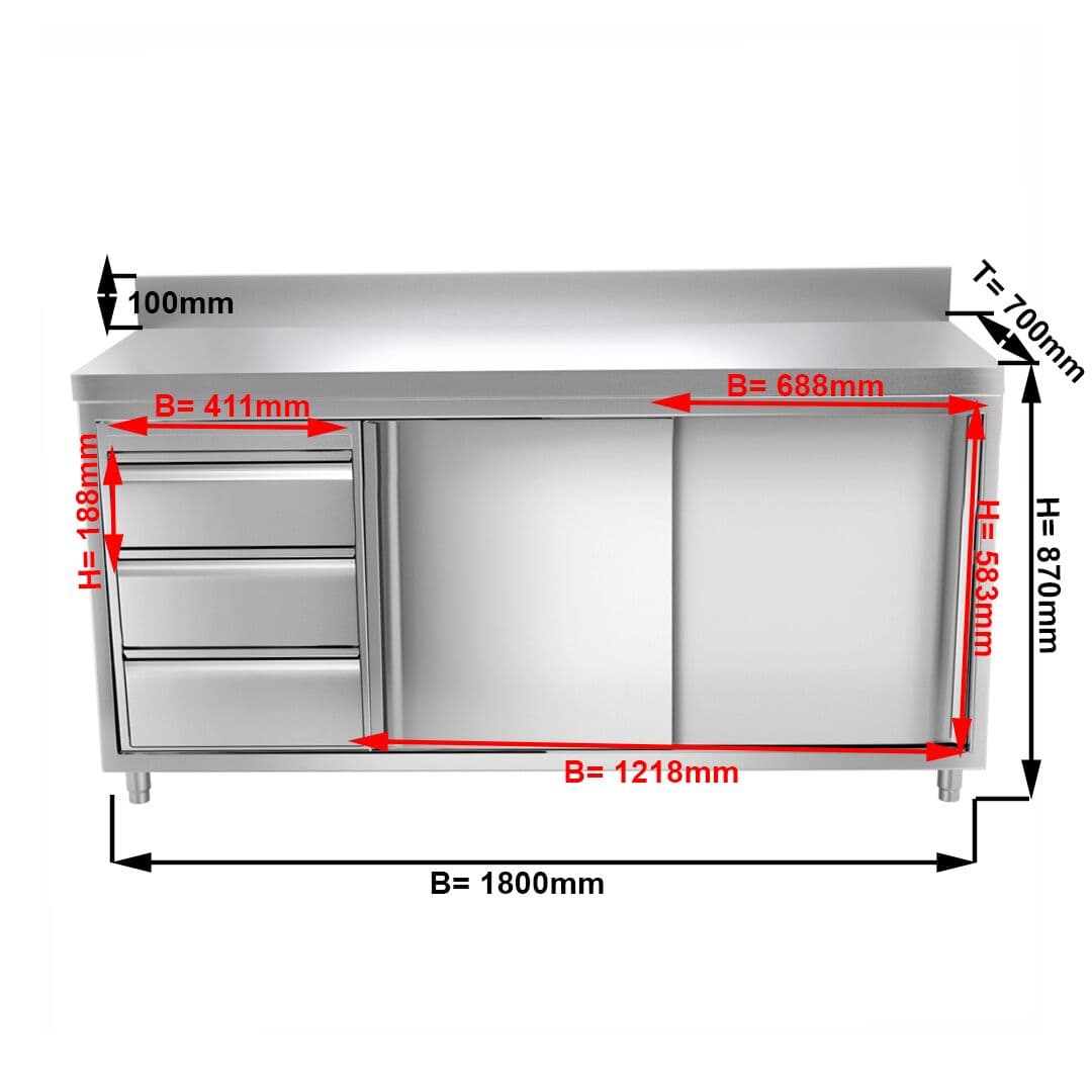 Edelstahl Arbeitsschrank PREMIUM - 1800x700mm - mit 3 Schubladen links & Aufkantung