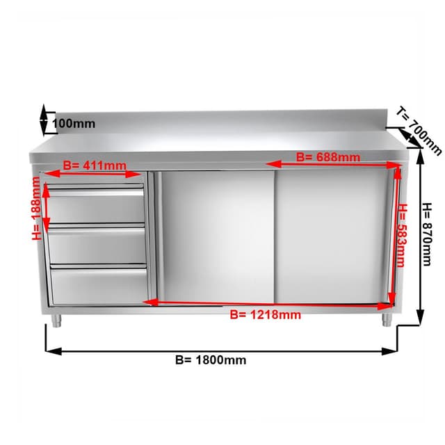 Edelstahl Arbeitsschrank PREMIUM - 1800x700mm - mit 3 Schubladen links & Aufkantung