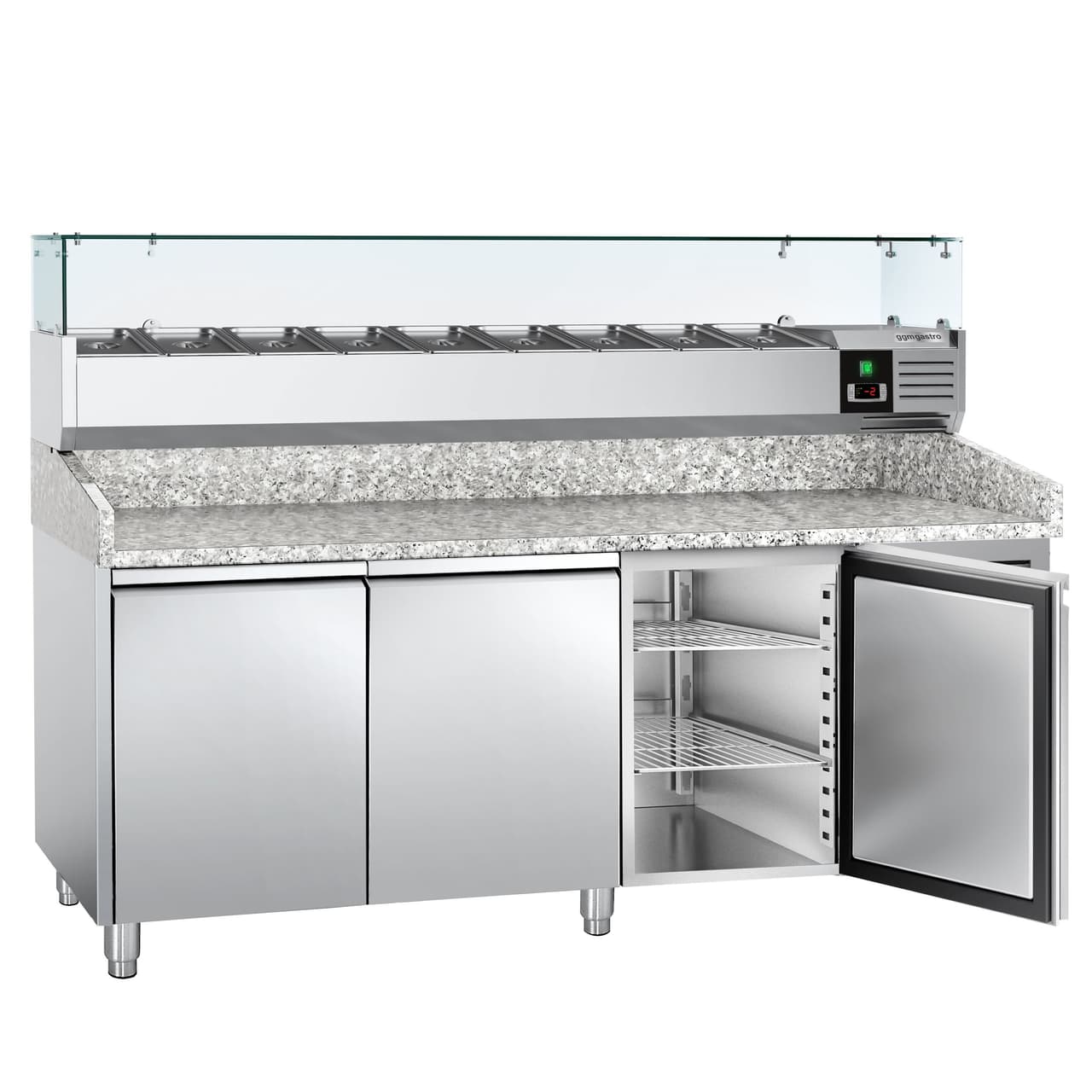 Pizzakühltisch ECO - 2000x800mm - mit 3 Türen - inkl. Kühlaufsatzvitrine - 9x GN 1/3