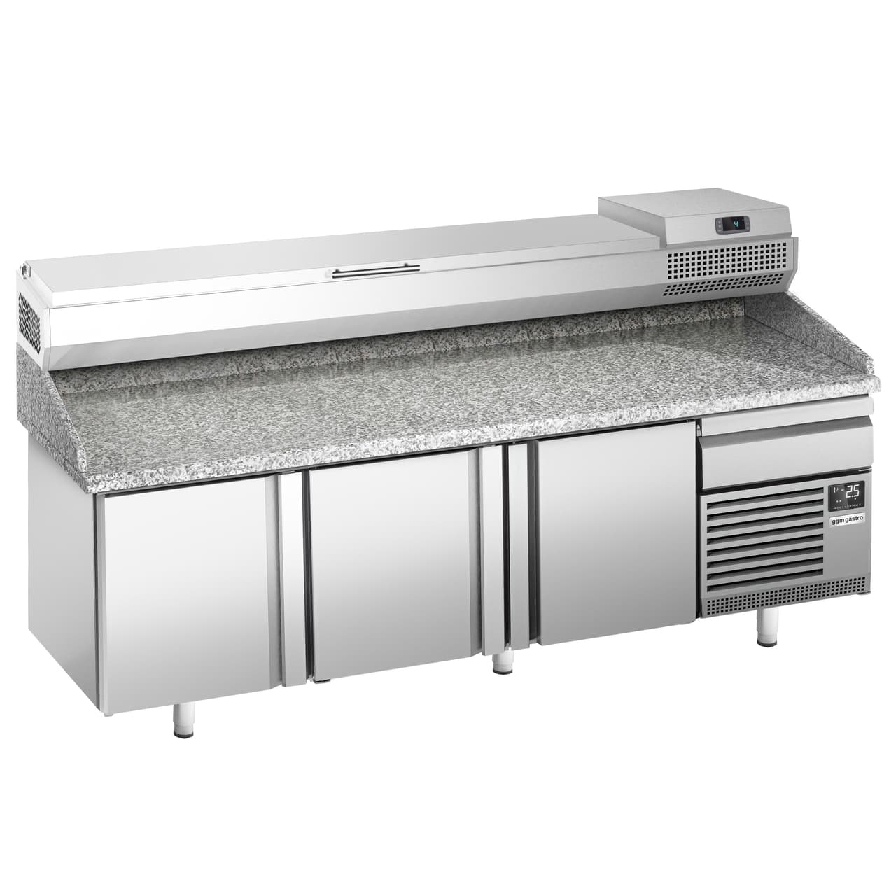 Pizzakühltisch Premium PLUS - 2305x800mm - mit 3 Türen - inkl. Kühlaufsatzvitrine - 10x GN 1/3