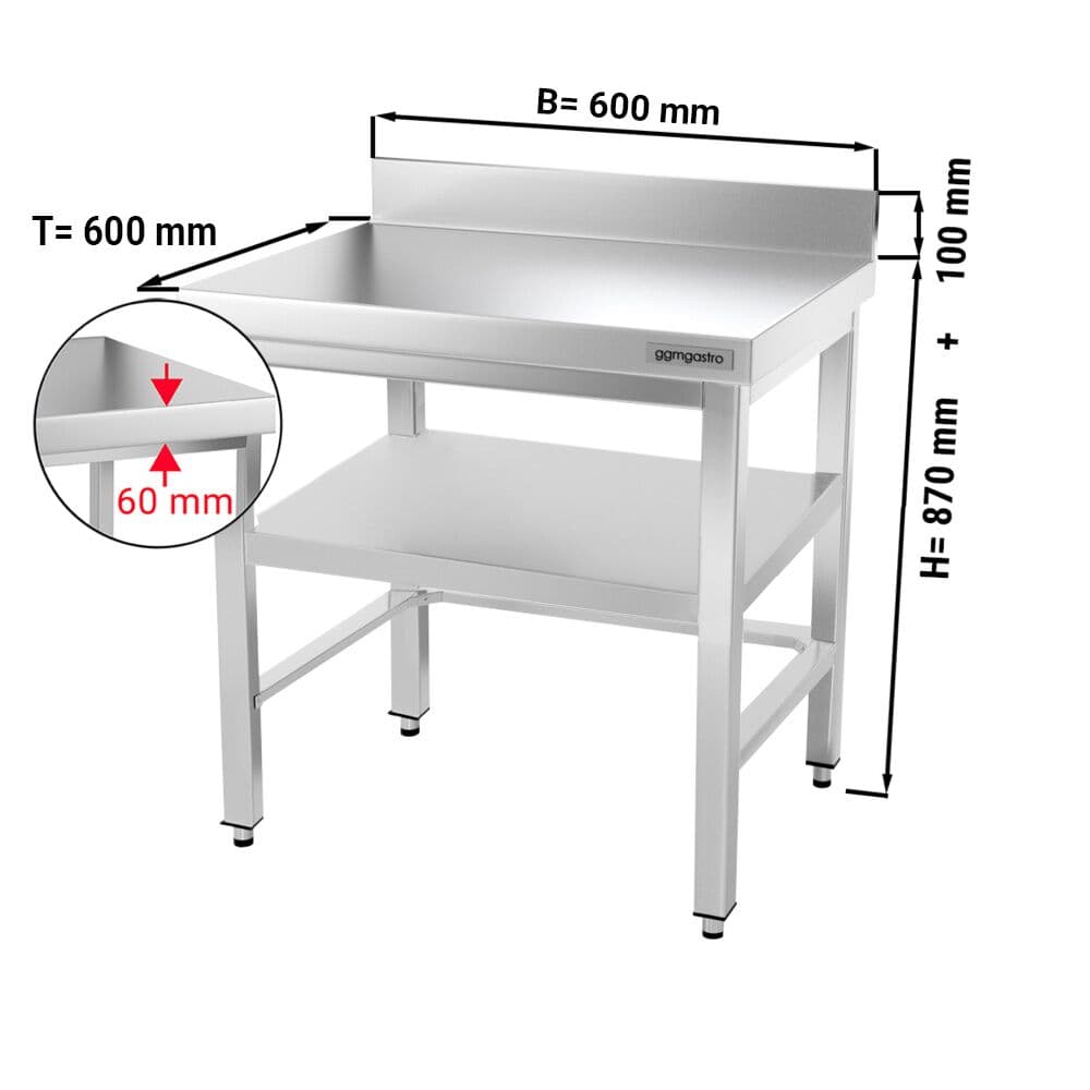 Edelstahl Arbeitstisch PREMIUM - 600x600mm - mit Grundboden, Aufkantung & Verstrebung