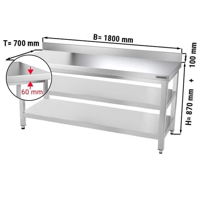 Edelstahl Arbeitstisch PREMIUM - 1800x700mm - mit Grundboden, Aufkantung & Zwischenboden