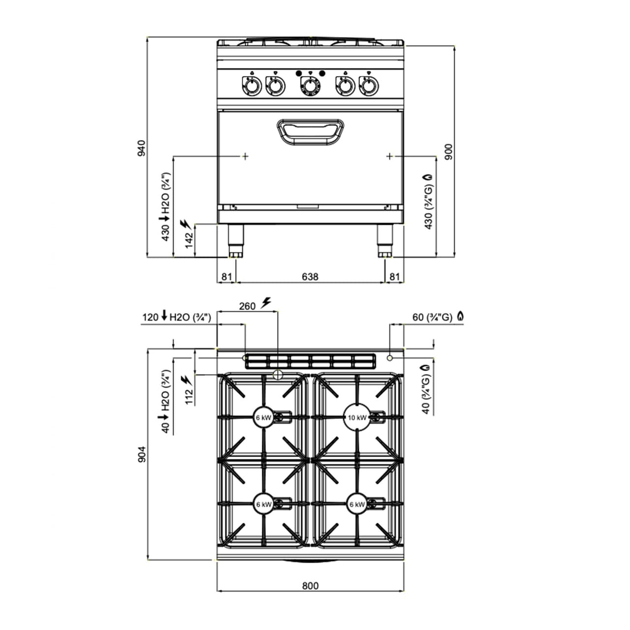 Gasherd - mit 4 Brennern - 28 kW - inkl. Elektrobackofen - 4,68 kW