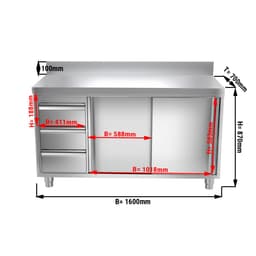 Edelstahl Arbeitsschrank PREMIUM - 1600x700mm - mit 3 Schubladen links & Aufkantung