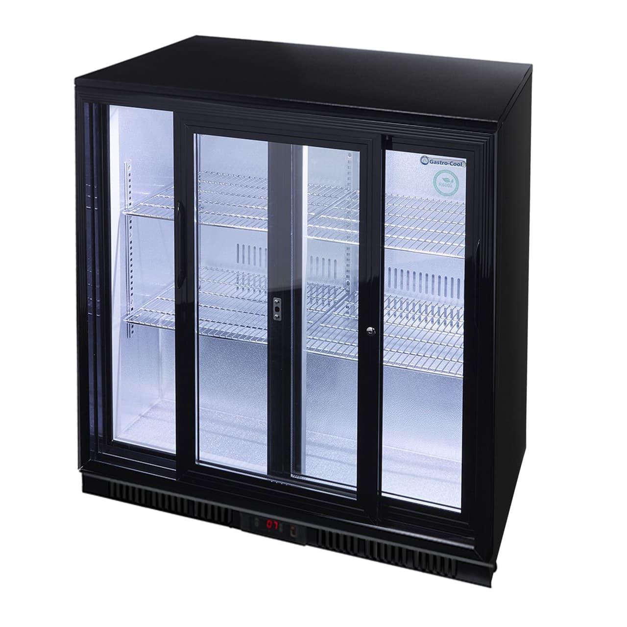 GASTRO-COOL | Barkühlschrank - 900mm - 200 Liter - mit 2 Glasschiebetüren - Schwarz