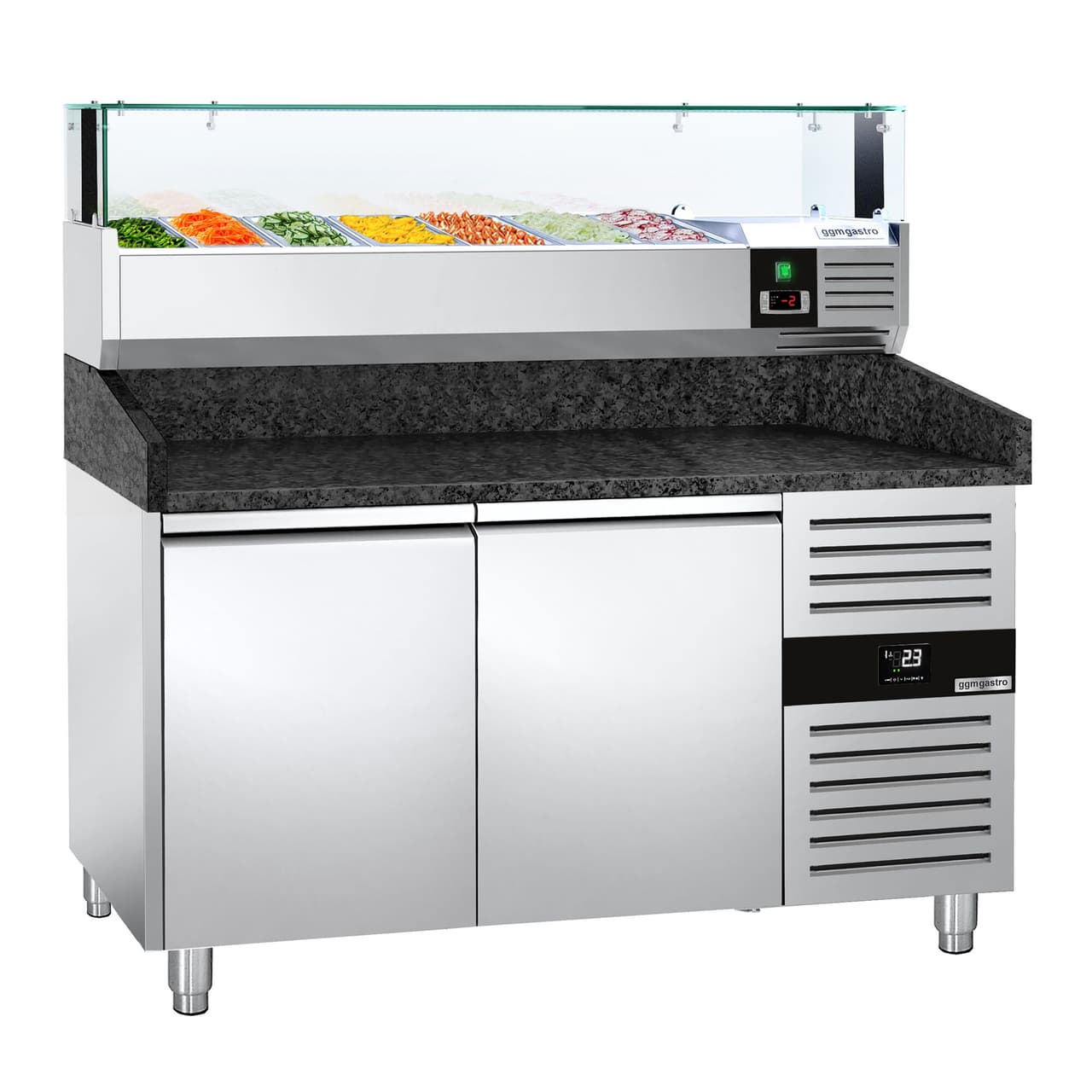 Pizzakühltisch PREMIUM - 1500x800mm - mit 2 Türen - inkl. Kühlaufsatzvitrine LED - 7x GN 1/4