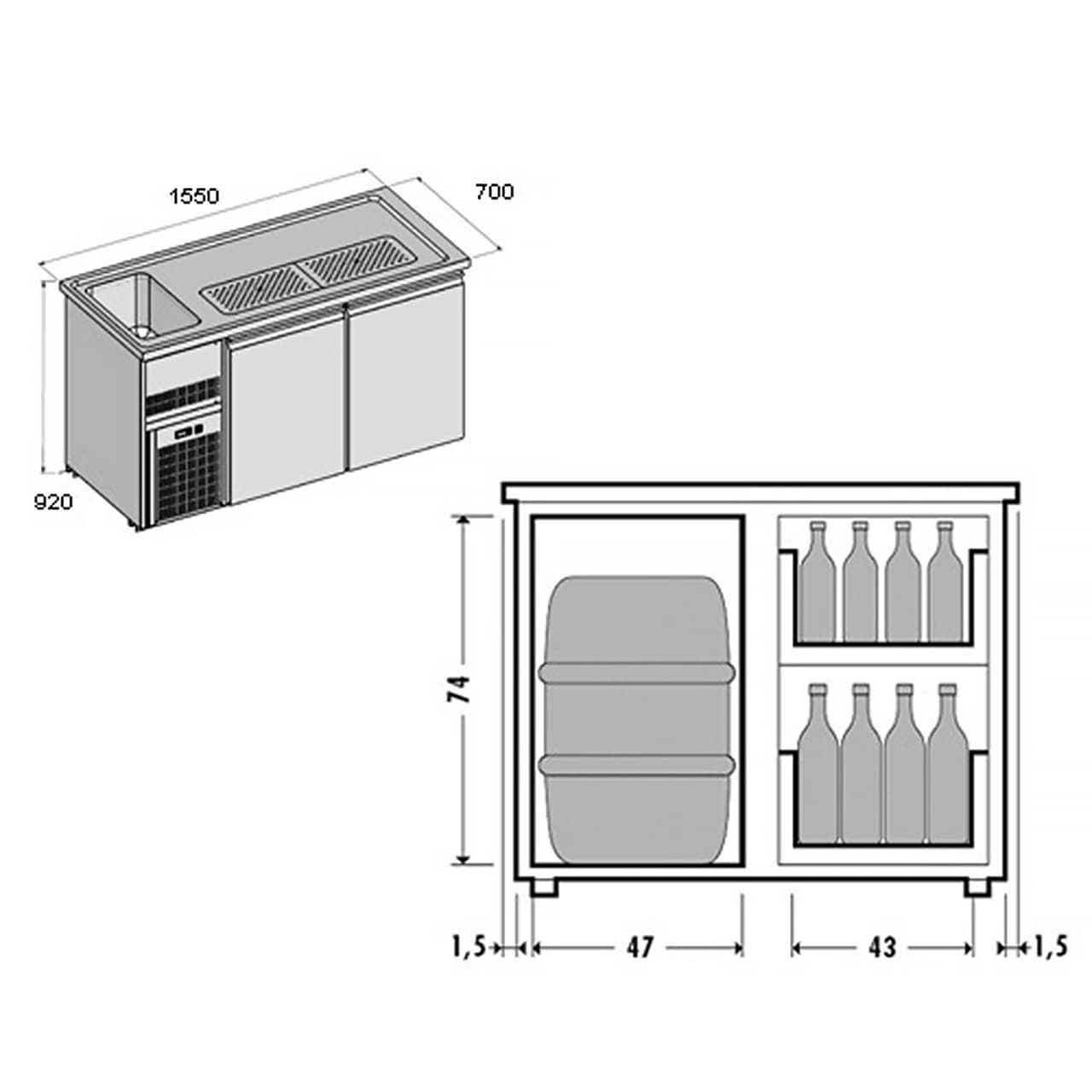 Biertheke Premium PLUS - 1550x700mm - 1 Tür & 2 Schubladen