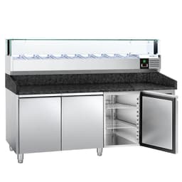 Pizzakühltisch PREMIUM - 2000x800mm - mit 3 Türen - inkl. Kühlaufsatzvitrine LED - 9x GN 1/3