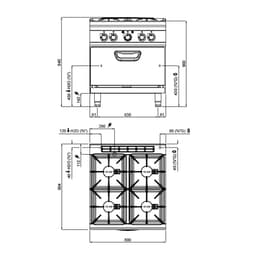 Gasherd - mit 4 Brennern - 40 kW - inkl. Elektrobackofen - 4,68 kW - Hochleistungsmodell