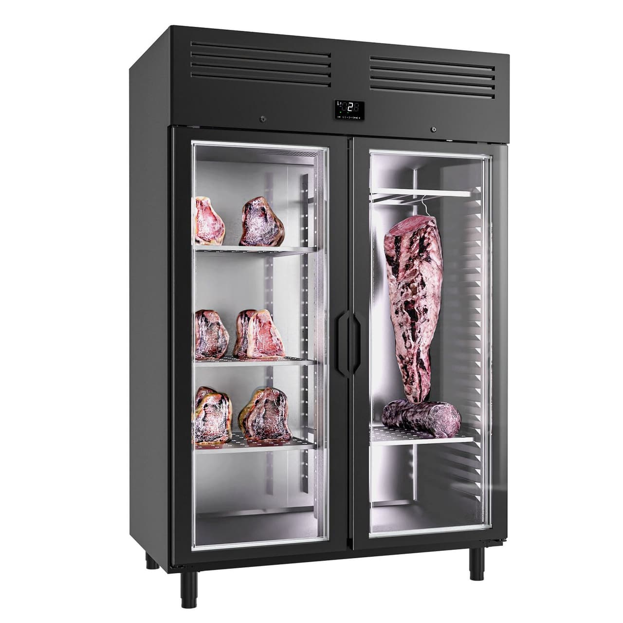 Dry Aging Fleischreifeschrank - 1300mm - mit 2 Glastüren - Schwarz