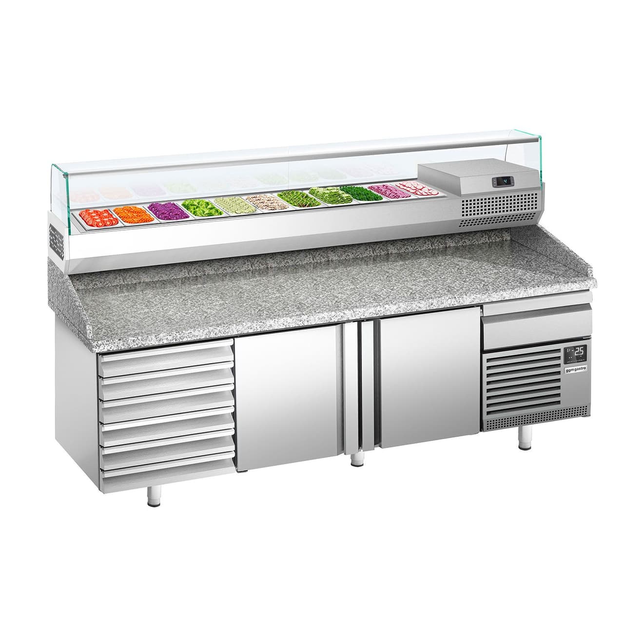 Pizzakühltisch Premium PLUS - 2305x800mm - mit 2 Türen & 6 Schubladen - inkl. Kühlaufsatzvitrine - 11x GN 1/4