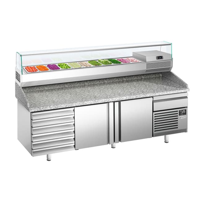 Pizzakühltisch Premium PLUS - 2305x800mm - mit 2 Türen & 6 Schubladen - inkl. Kühlaufsatzvitrine - 11x GN 1/4