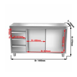 Edelstahl Arbeitsschrank PREMIUM - 1400x700mm - mit 3 Schubladen links ohne Aufkantung