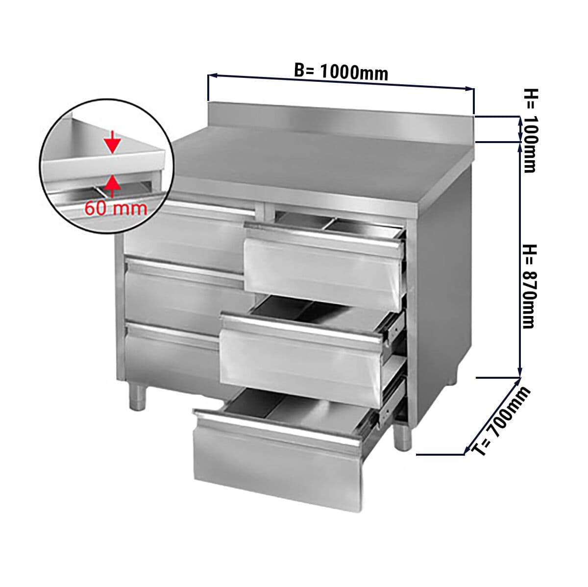 Schubladenschrank PREMIUM mit 6 Schubladen & Aufkantung - 1000x700mm