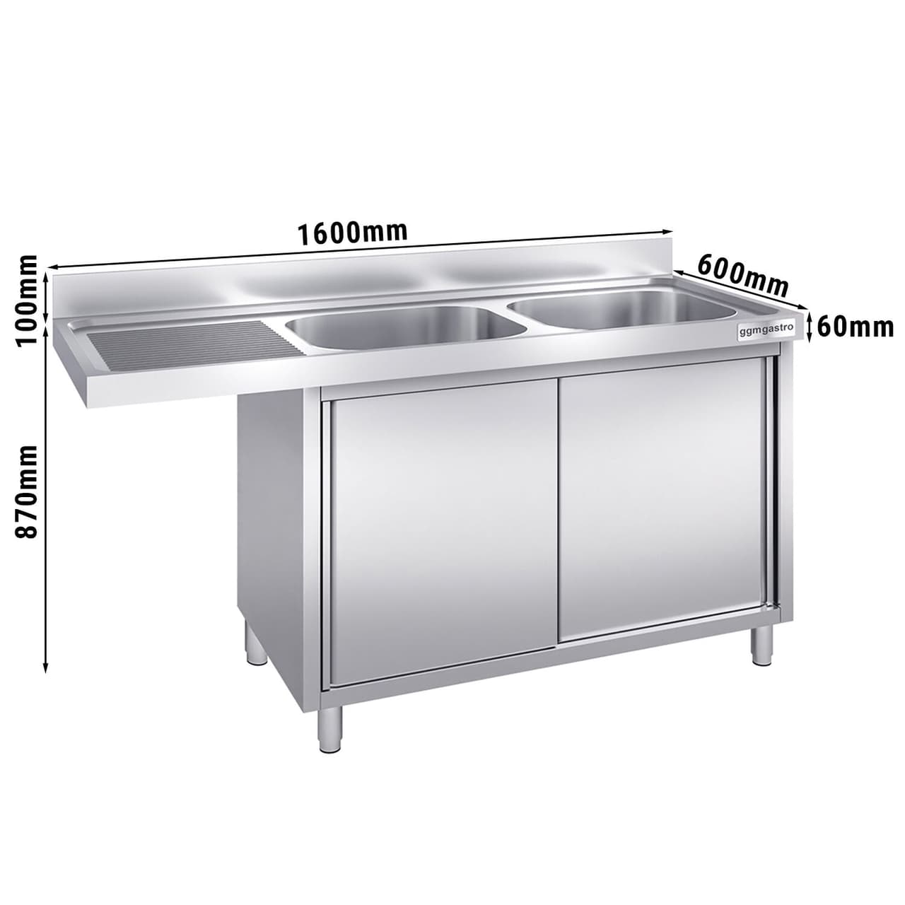 Spülmaschinen-Spülschrank - 1600x600mm - mit 2 Becken rechts