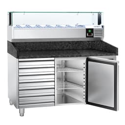 Pizzakühltisch PREMIUM - 1500x800mm - mit 1 Tür & 7 Schubladen - inkl. Kühlaufsatzvitrine LED - 7x GN 1/4