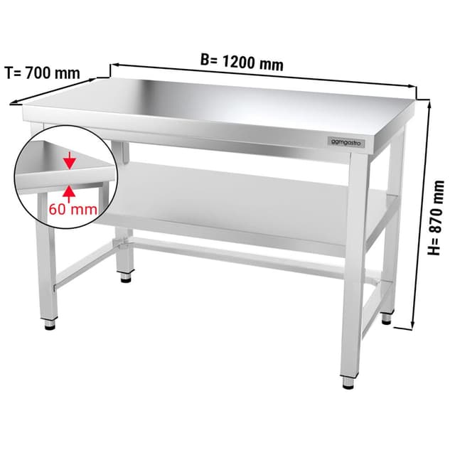 Edelstahl Arbeitstisch PREMIUM - 1200x700mm - mit Grundboden & Verstrebung