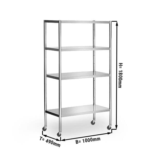 Edelstahlregal PREMIUM - 1000x490mm - mit 4 Ablagen (VERSTELLBAR) - inkl. 4 Rollen