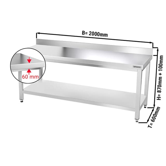 Edelstahl Arbeitstisch PREMIUM - 2000x600mm - mit Grundboden & Aufkantung