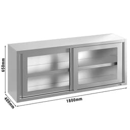 Edelstahl Wandhängeschrank - 1800x400mm - mit Glasschiebetür - 650mm hoch