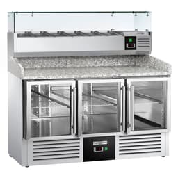 Pizzakühltisch PREMIUM - 1400x700mm - 3 Glastüren - inkl. Kühlaufsatzvitrine - 6x GN 1/4