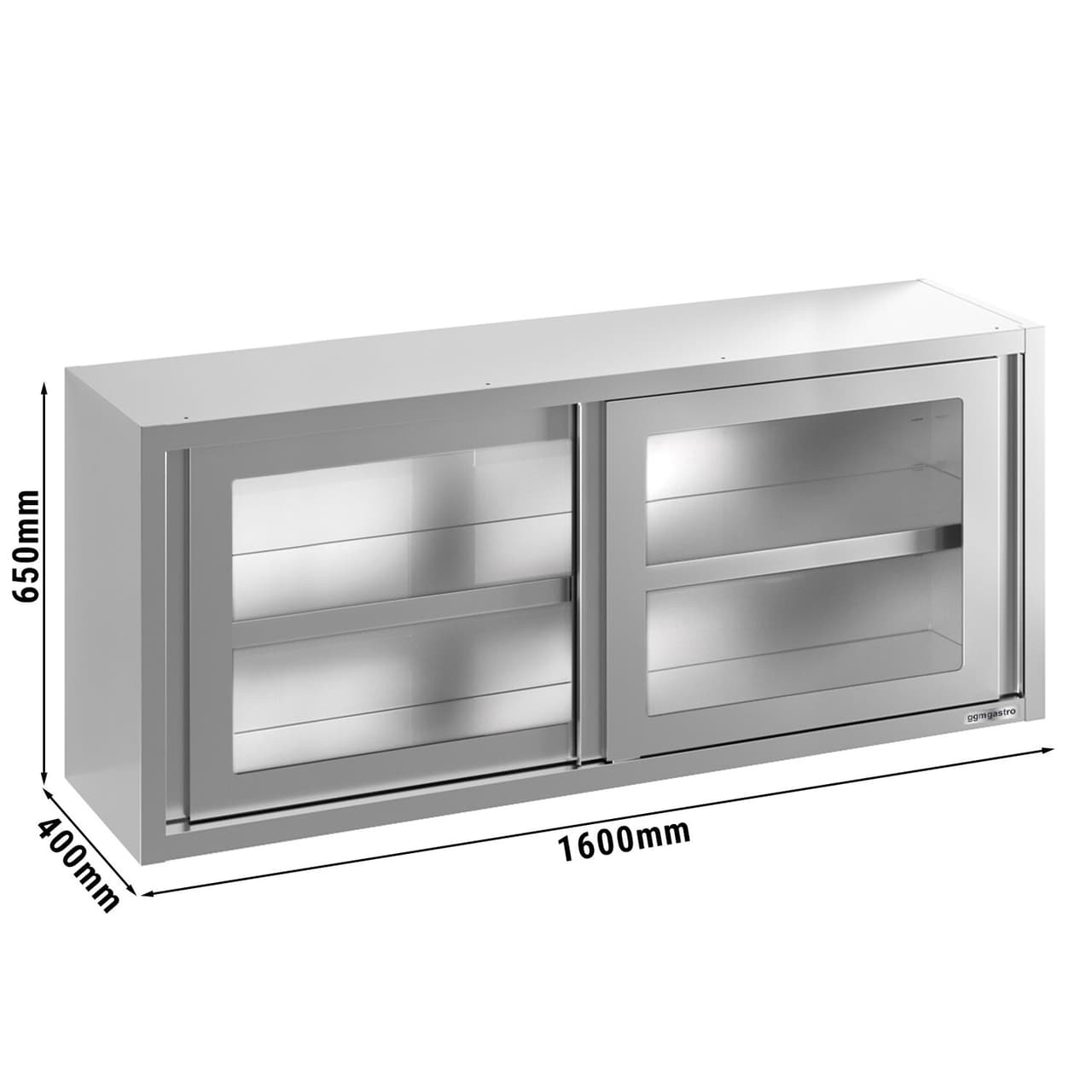 Edelstahl Wandhängeschrank - 1600x400mm - mit Glasschiebetür - 650mm hoch