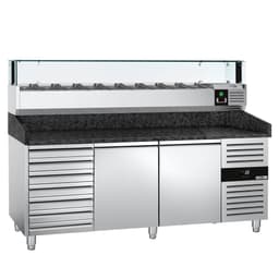 Pizzakühltisch PREMIUM - 2000x800mm - mit 2 Türen & 7 Schubladen - inkl. Kühlaufsatzvitrine LED - 9x GN 1/3