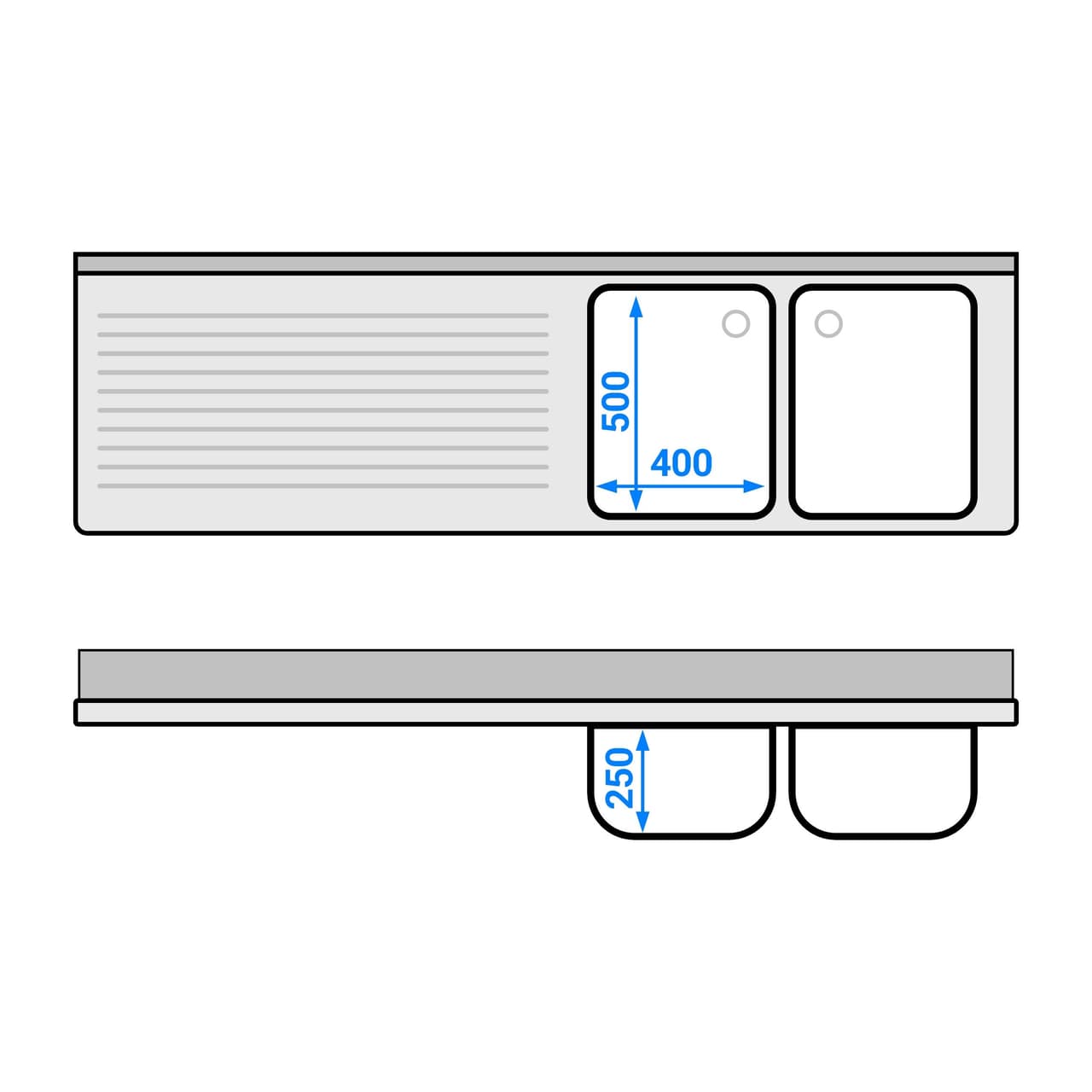 Spülschrank - 2000x600mm - mit 3 Schubladen & 2 Becken rechts