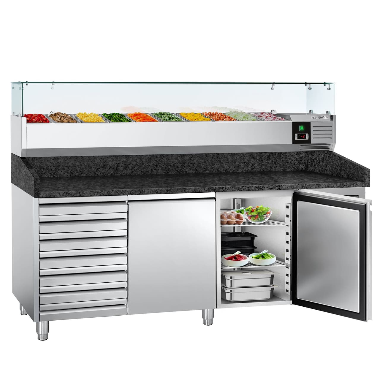 Pizzakühltisch PREMIUM - 2000x800mm - mit 2 Türen & 7 Schubladen - inkl. Kühlaufsatzvitrine - 10x GN 1/4