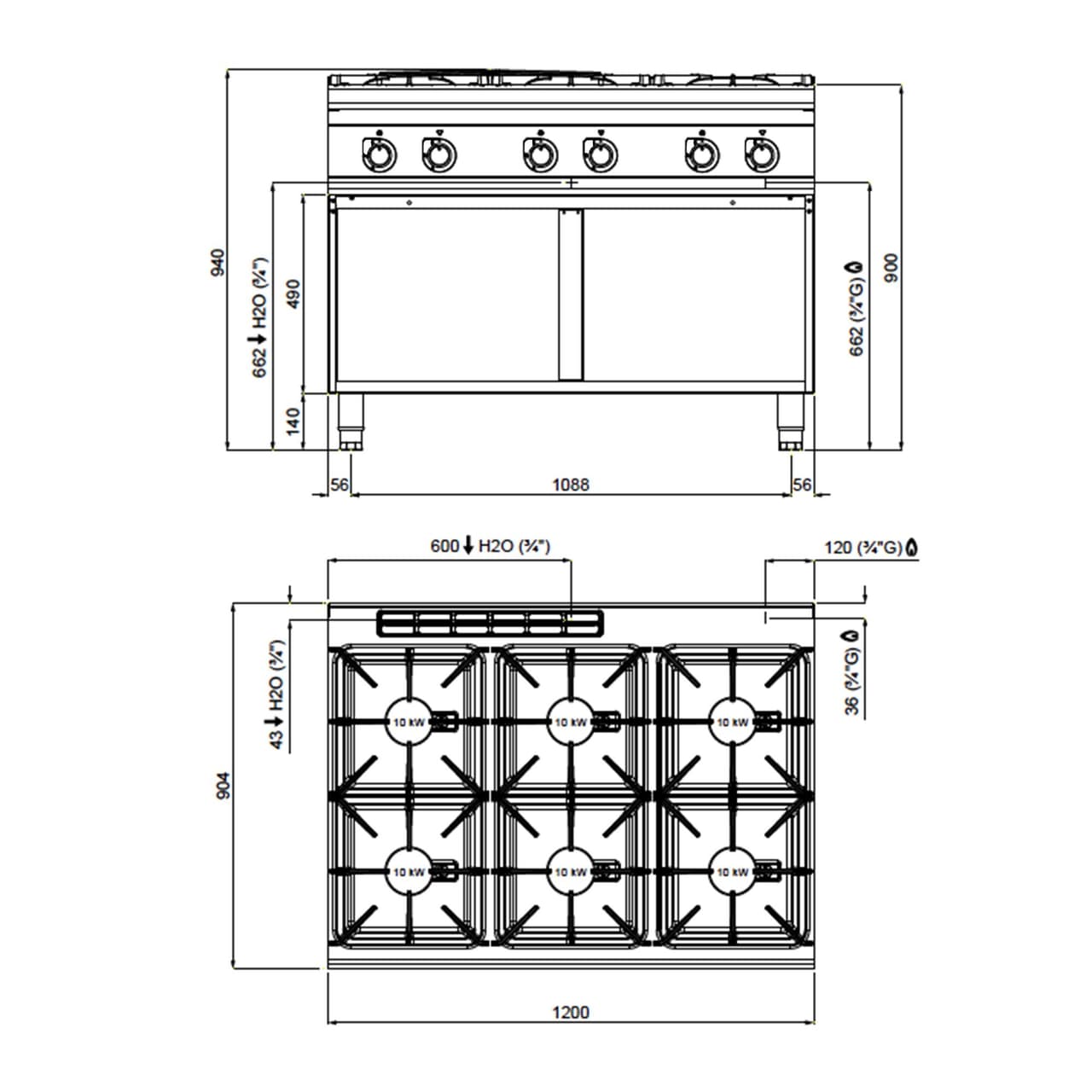 Gasherd - mit 6 Brennern - 60 kW - Hochleistungsmodell