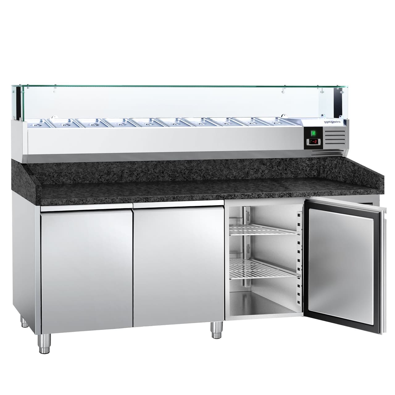 Pizzakühltisch PREMIUM - 2000x800mm - mit 3 Türen - inkl. Kühlaufsatzvitrine LED - 10x GN 1/4