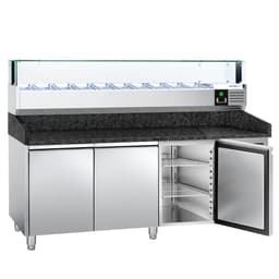 Pizzakühltisch PREMIUM - 2000x800mm - mit 3 Türen - inkl. Kühlaufsatzvitrine LED - 10x GN 1/4