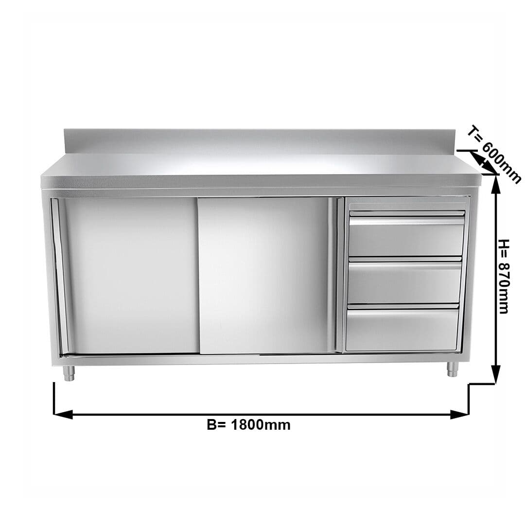 Edelstahl Arbeitsschrank PREMIUM - 1800x600mm - mit 3 Schubladen rechts & Aufkantung