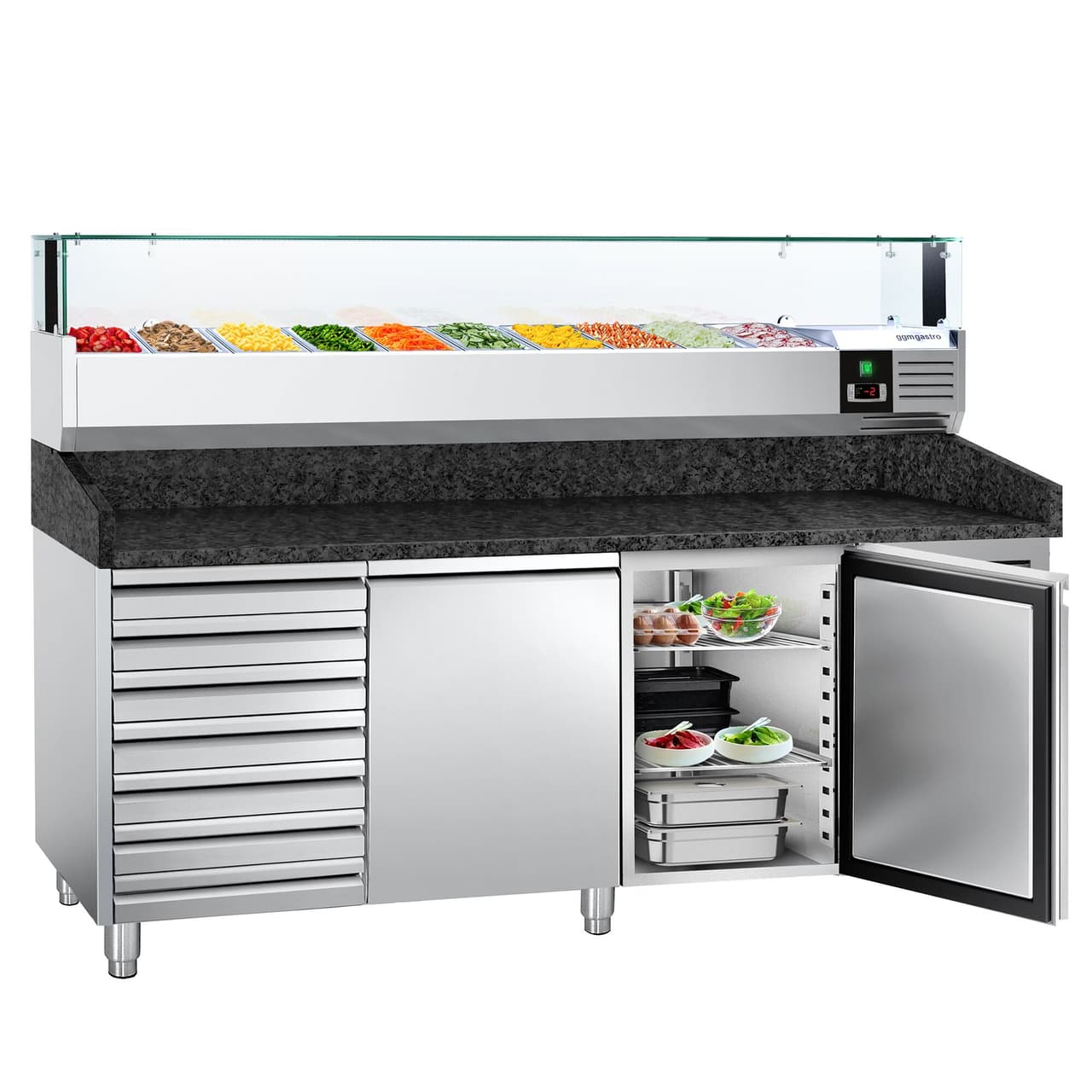 Pizzakühltisch PREMIUM - 2000x800mm - mit 2 Türen & 7 Schubladen - inkl. Kühlaufsatzvitrine LED - 10x GN 1/4