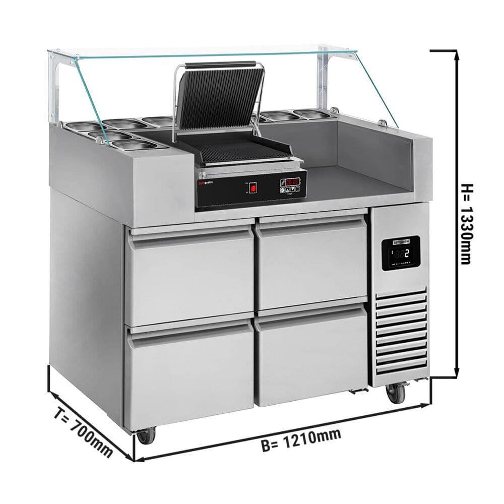 Zubereitungstisch - 1210mm - 4 Schubladen - für 9x GN 1/6 - inkl. Digitalem Kontaktgrill