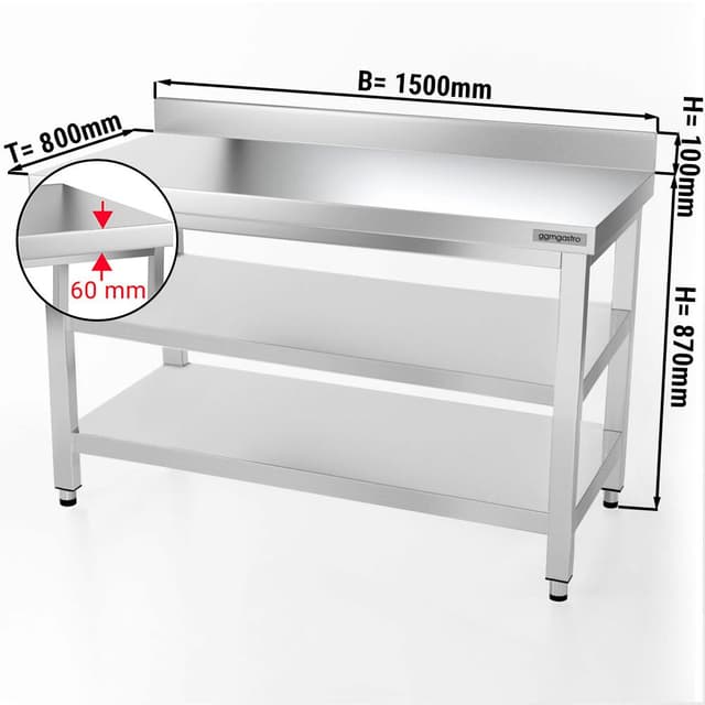 Edelstahl Arbeitstisch PREMIUM - 1500x800mm - mit Grundboden, Aufkantung & Zwischenboden