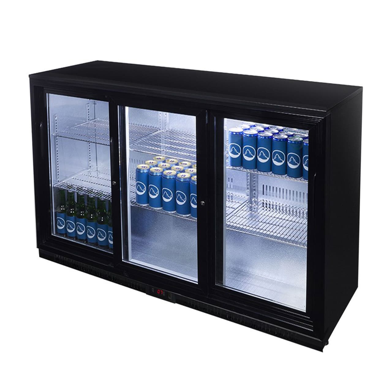 GASTRO-COOL | Barkühlschrank - 1350mm - 312 Liter - mit 3 Glasschiebetüren - Schwarz