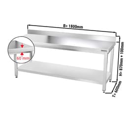 Edelstahl Arbeitstisch PREMIUM - 1800x600mm - mit Grundboden & Aufkantung