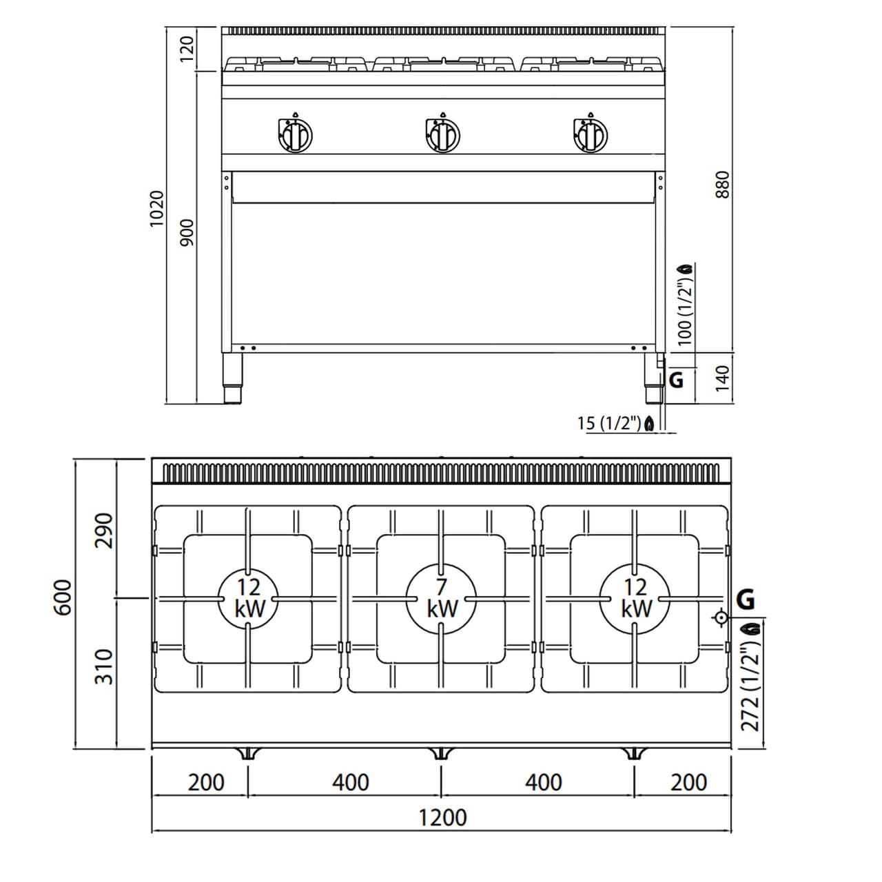 Gasherd - 31 kW - 3 Brenner