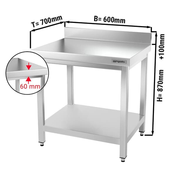 Edelstahl Arbeitstisch PREMIUM - 600x700mm - mit Grundboden & Aufkantung