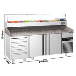 Pizzakühltisch PREMIUM - 2100x800mm - mit 2 Türen & 5 Schubladen - inkl. Kühlaufsatzvitrine - 10x GN 1/3