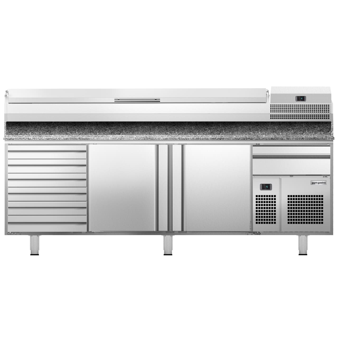 Pizzakühltisch Premium PLUS - 2305x800mm - mit 2 Türen & 6 Schubladen - inkl. Kühlaufsatzvitrine - 11x GN 1/4