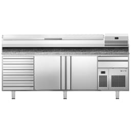 Pizzakühltisch Premium PLUS - 2305x800mm - mit 2 Türen & 6 Schubladen - inkl. Kühlaufsatzvitrine - 11x GN 1/4