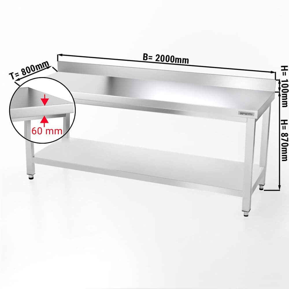 Edelstahl Arbeitstisch PREMIUM - 2000x800mm - mit Grundboden & Aufkantung